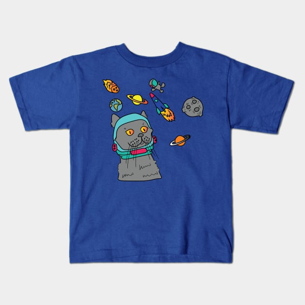 Space Cat Astronaut with Galaxy Kids T-Shirt by XOZ